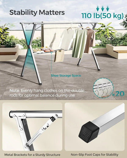 Clothes Drying Rack Heavy-Duty Laundry Drying Rack 45.7-63.4 Inches Extendable Foldable Freestanding Airer Stainless Steel for I