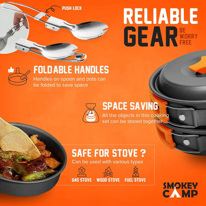 Camping Cookware Mess Kit Set with Stove - Backpacking Camping Pots and Pans Set All in One Non-Stick Camping Cooking Set