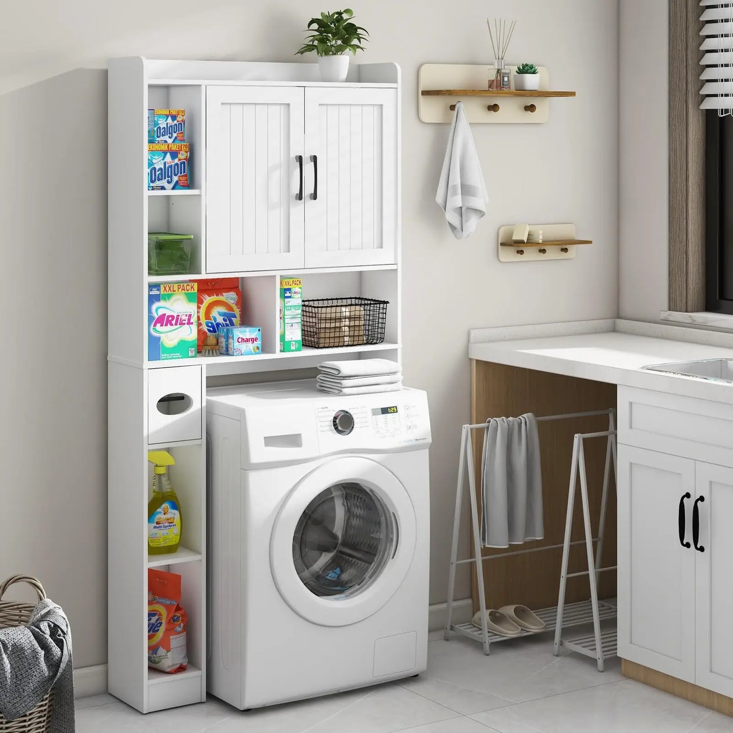 Bathroom Organizer Storage Wood Over The Toilet Storage Cabinet with Barn Doors &Toilet Paper Stand 67'' Tall Toilet Rack