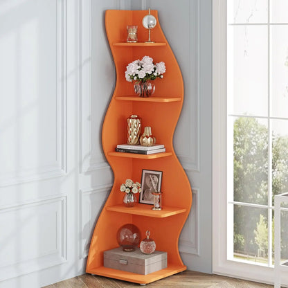 Modern 5-Tier Corner Bookshelf, Stylish Corner Bookcase Storage Rack Plant Stand with Unique Shape for Living Room, Home Office