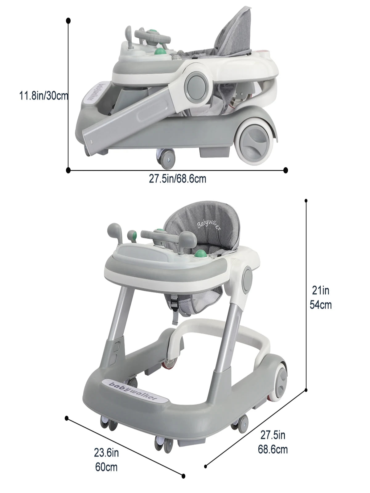 Push Walker with Detachable Feeding and Music Trays, Foldable Learning Toy for Infants and Toddlers, 2 In 1 Walker