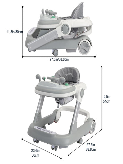 Push Walker with Detachable Feeding and Music Trays, Foldable Learning Toy for Infants and Toddlers, 2 In 1 Walker