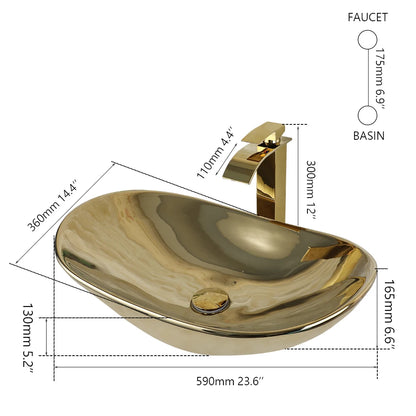 Gold Ceramic Luxury Bathroom Vessel Sink Set  Bowl Washbasin Waterfall Brass Faucet Pop Up Drain Combo High-End Basin Kit