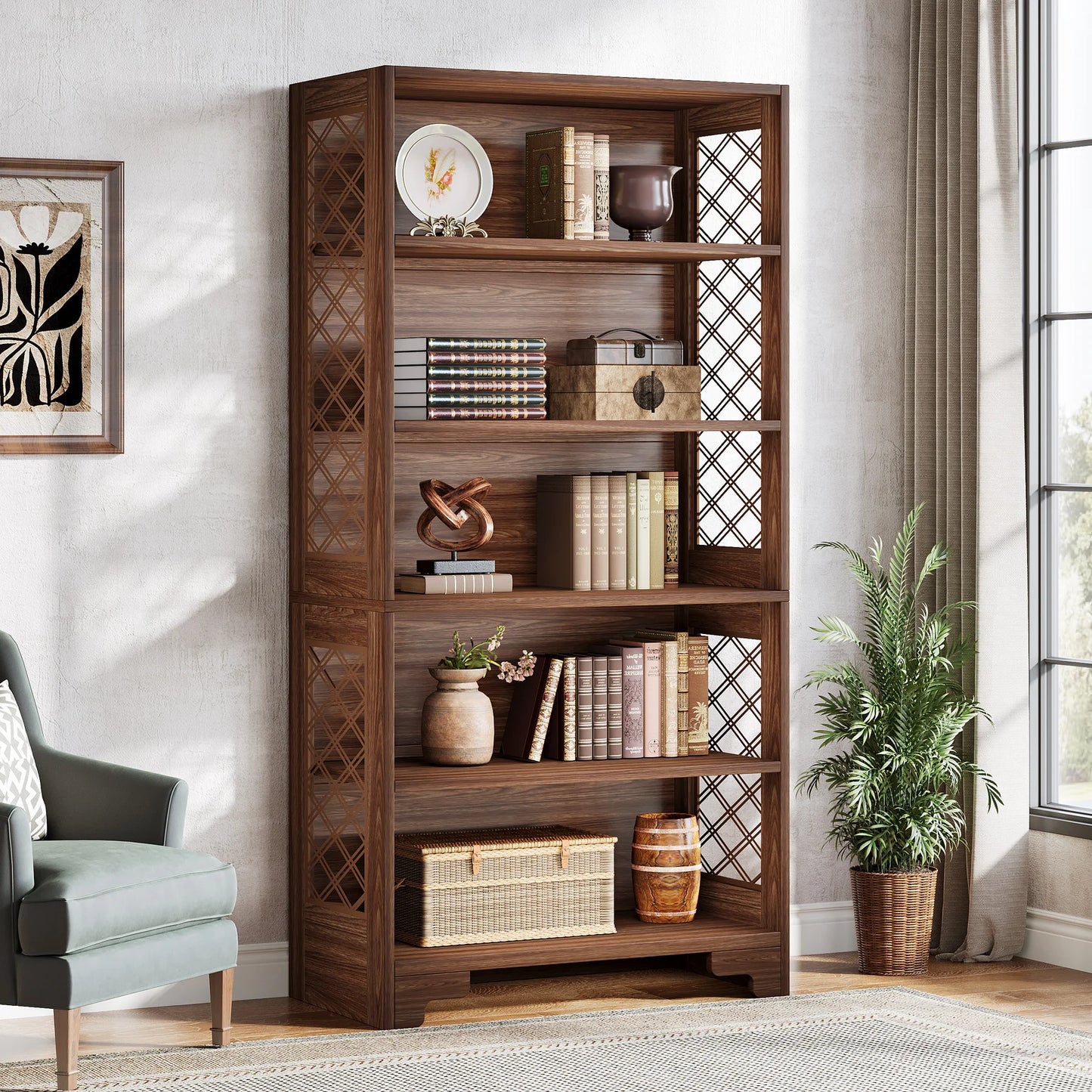 6-Tier Bookcase, 71 Inches Industrial Bookshelves and Bookcases, Floor Standing 5 Shelf Display Storage Shelves