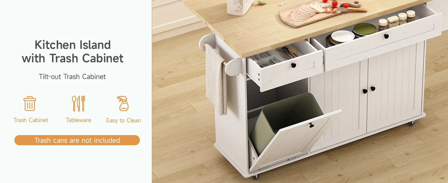60" Mobile Kitchen Islands Rolling Trolleys Kitchen Island Table Drop Leaf Home Carts with Power Outlet Spice Towel Rack Trash
