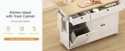 60" Mobile Kitchen Islands Rolling Trolleys Kitchen Island Table Drop Leaf Home Carts with Power Outlet Spice Towel Rack Trash