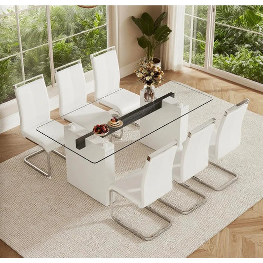 71" Glass Dining Table Set for 6, 7 Piece Dining Table Set with Tempered Glass Top & 6 White PU Leather Ergonomic Chairs, Modern