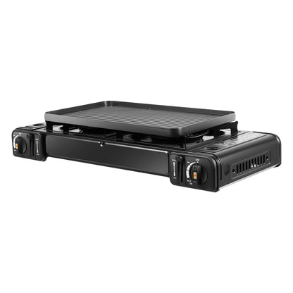 2in1 2-Burner Portable Camping Stove, Butane Camping Stove Kit w/Baking Pan and Carrying Case, Auto Ignition Camping Burner LPG