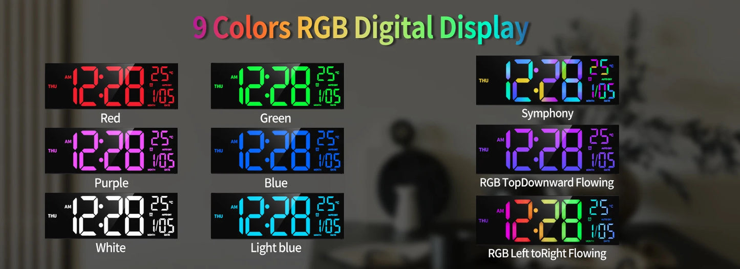 16" Large Digital Wall Clock, Big LED Display with Remote, 8 RGB Color, Alarm, DST, Temperature for Living Room, Kitchen