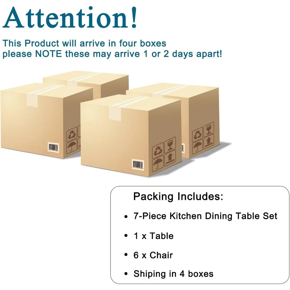 71" Glass Dining Table Set for 6, 7 Piece Dining Table Set with Tempered Glass Top & 6 White PU Leather Ergonomic Chairs, Modern