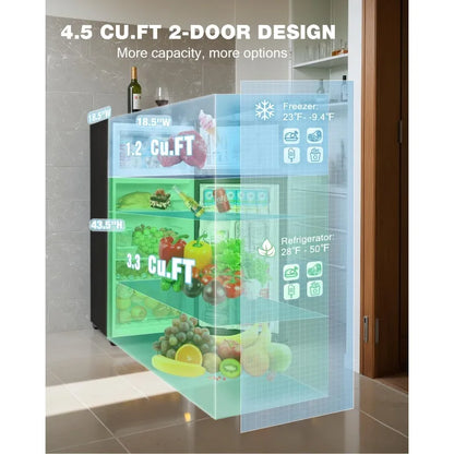 Double Door Refrigerator with Freezer, 4.5 Cu. Ft, Small Fridge with Freezer, 7 Settings Temperature Adjustable