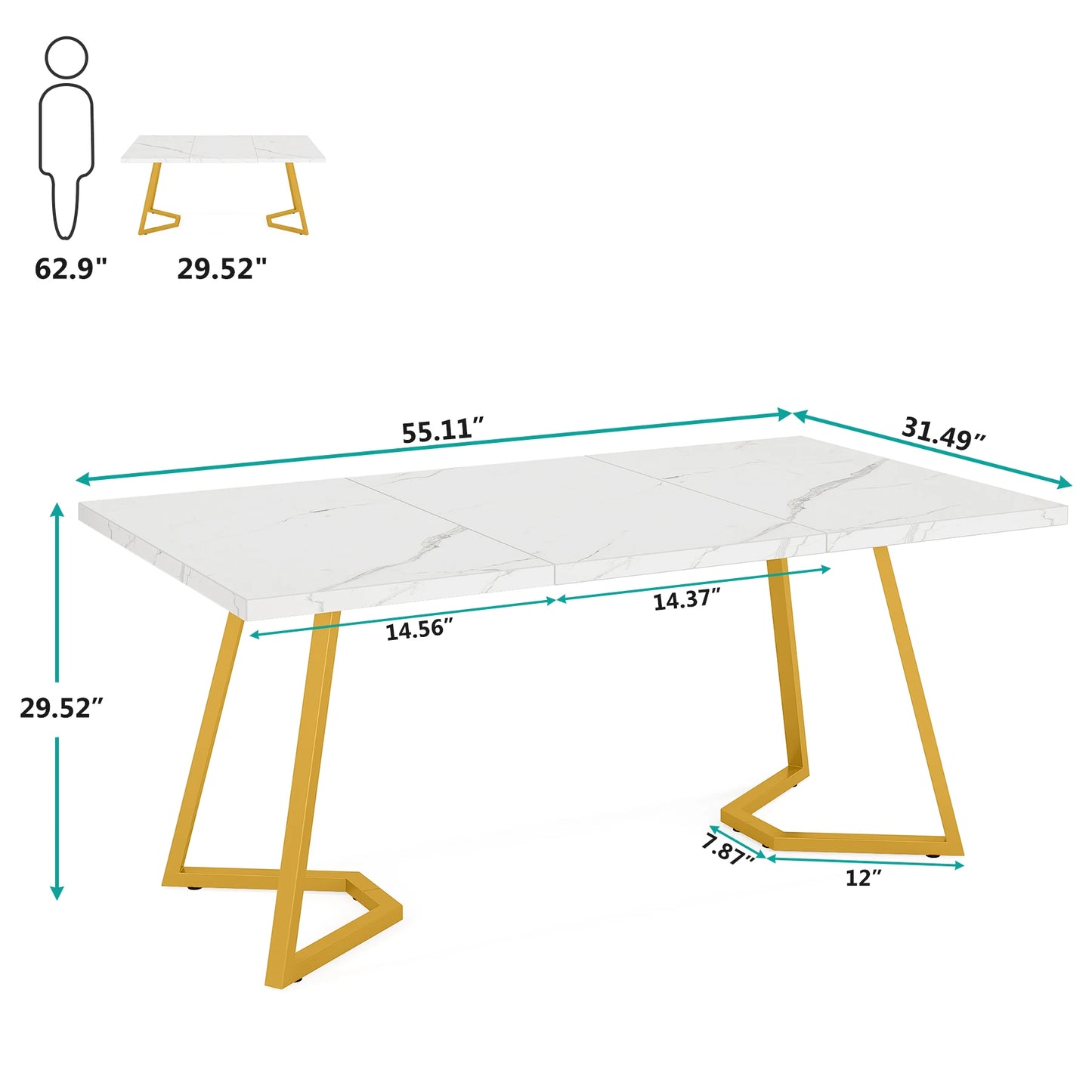 63-Inch Rectangular Dining Table for 4 to 6, Modern Kitchen Table with Faux Marble Table Top