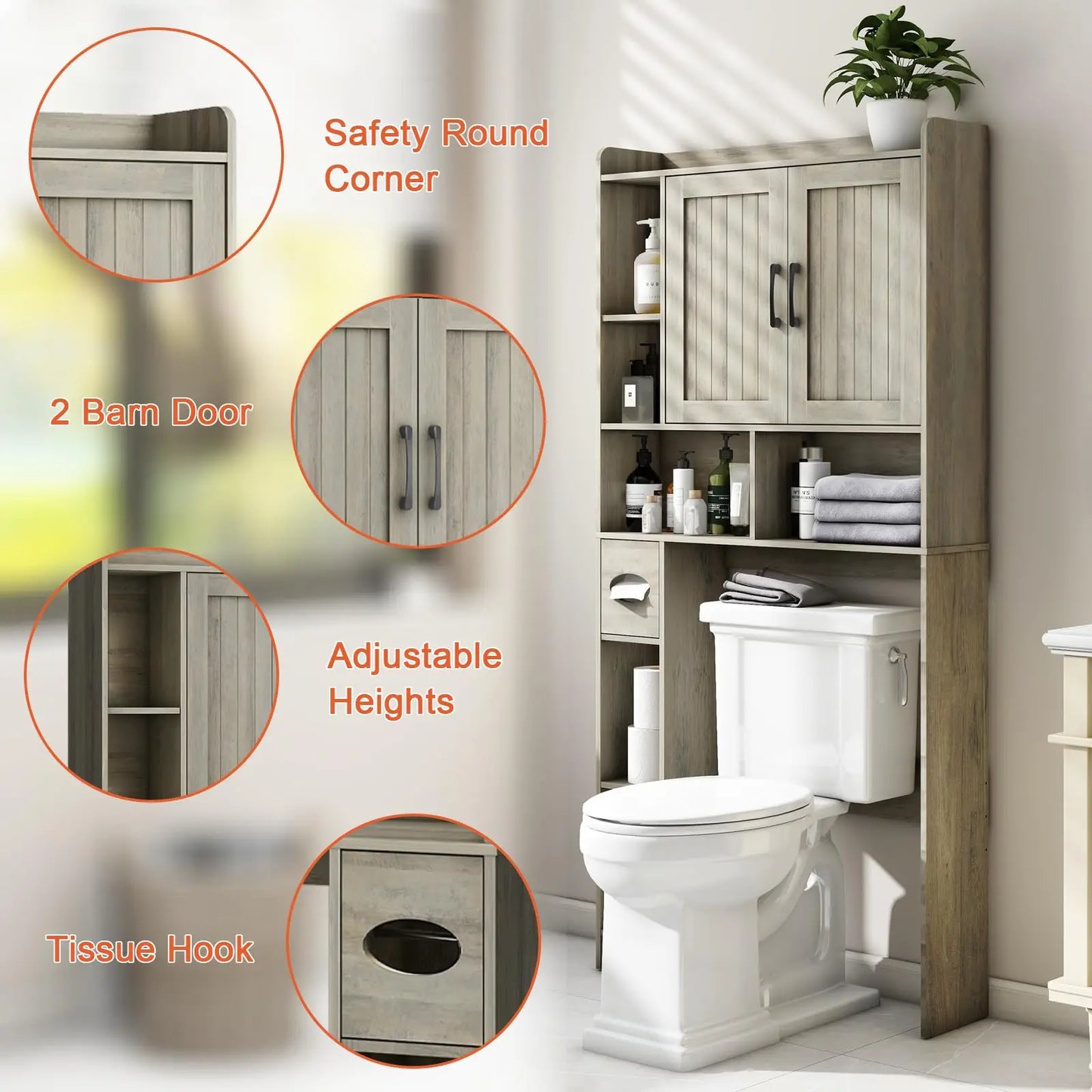 Bathroom Organizer Storage Wood Over The Toilet Storage Cabinet with Barn Doors &Toilet Paper Stand 67'' Tall Toilet Rack
