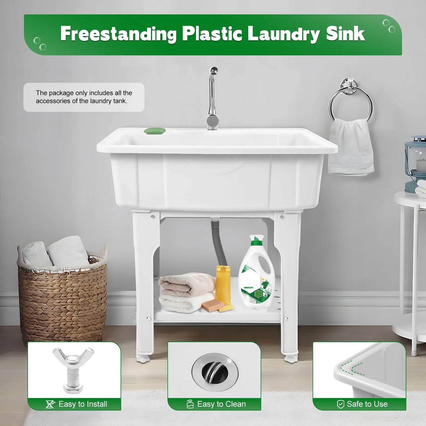 Freestanding Plastic Laundry Sink with Washboard Indoor Outdoor Utility Sink with Cold and Hot Water Faucet Hoses and Drain Kit