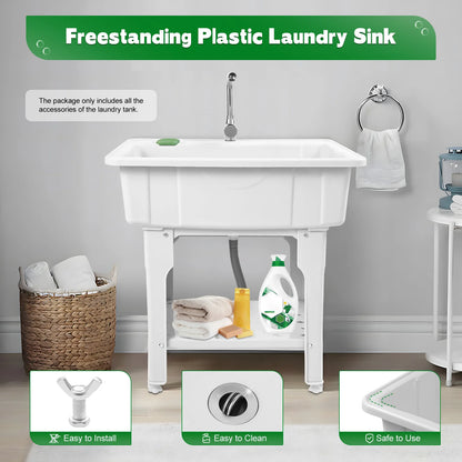 Freestanding Plastic Laundry Sink with Washboard Indoor Outdoor Utility Sink with Cold and Hot Water Faucet Hoses and Drain Kit