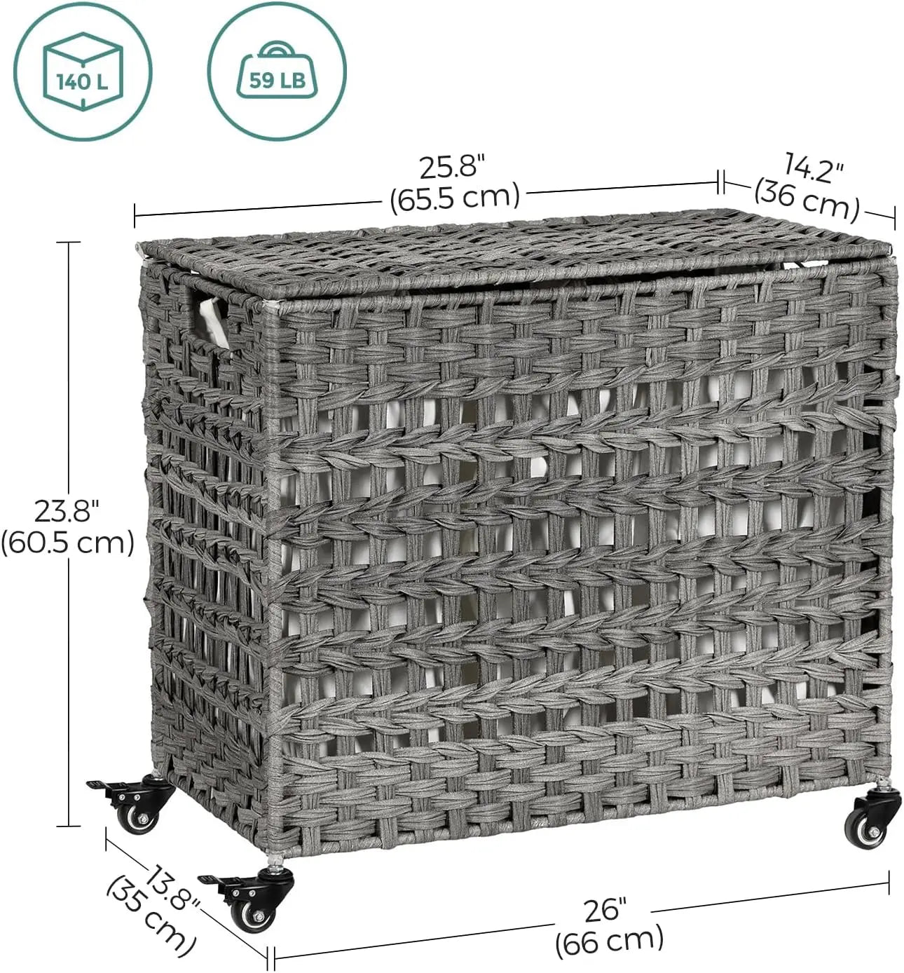 Laundry Hamper with Lid 140L Synthetic Rattan Laundry Basket with Wheels Clothes Hamper with 3Removable Liner Bags 3Section