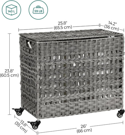 Laundry Hamper with Lid 140L Synthetic Rattan Laundry Basket with Wheels Clothes Hamper with 3Removable Liner Bags 3Section