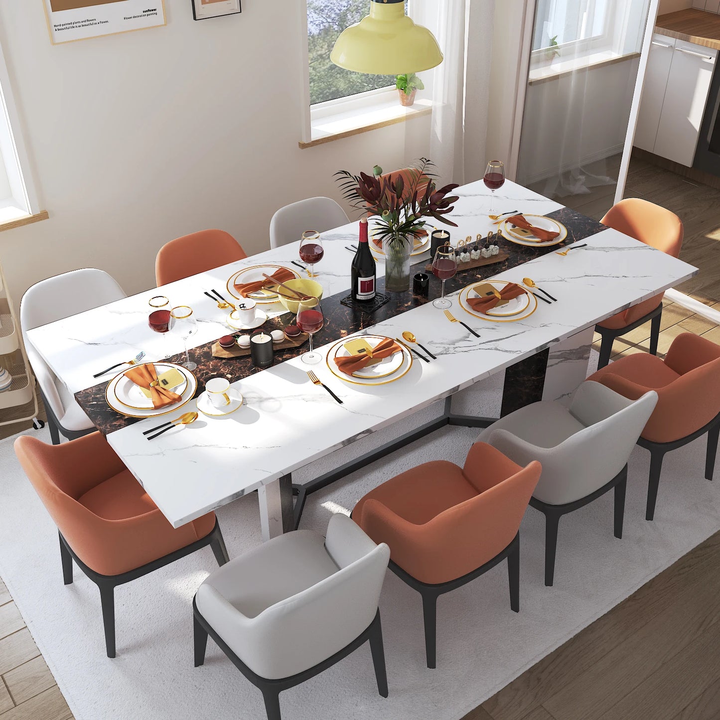 71In Large Rectangular White Dining Table for 4 5 6 8 10 People, w/Marble Color, Wood Tabletop, Metal Leg