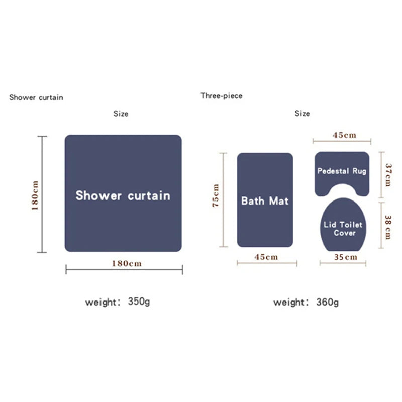 4pcs Set Doormat Shower Curtain with Non-Slip Rugs Toilet Seat Cover Bath Carpet Durable Waterproof