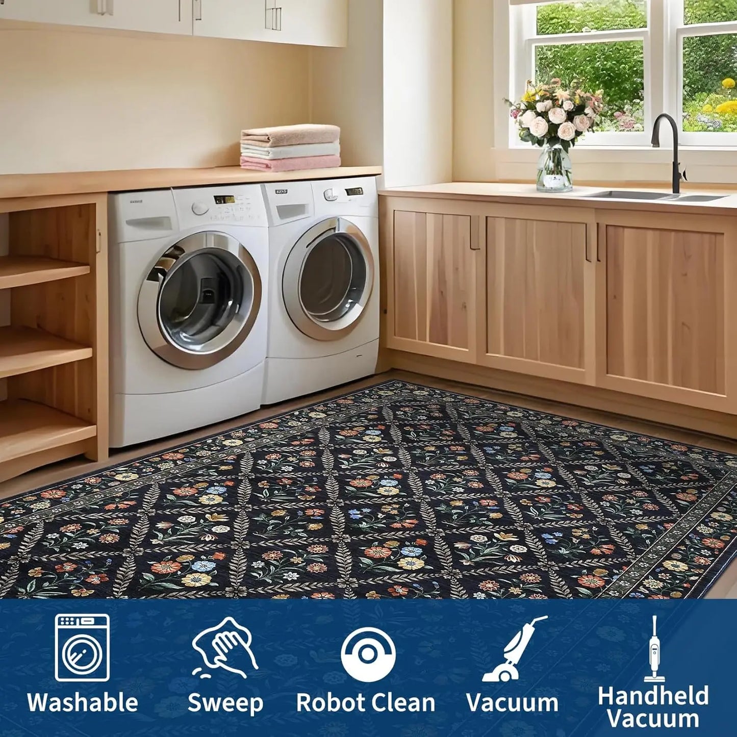 Vintage Washable Area Rugs for Living Room Soft Low-Pile Non-Slip Carpet  for Bedroom Dining Room Home Office