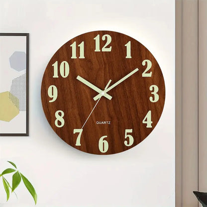 12 Inch Wooden Simple Luminous Wall Clock Silent Non Ticking Analog