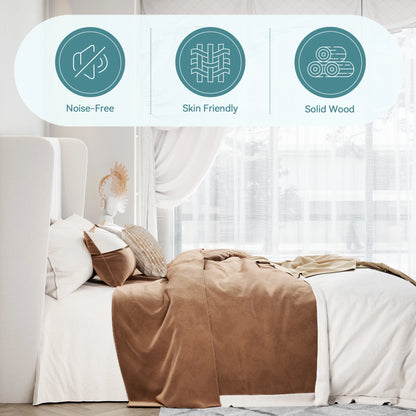 Velvet Upholstered Bed Frame, Vertical Channel Tufted Wingback Headboard, Wooden Slats