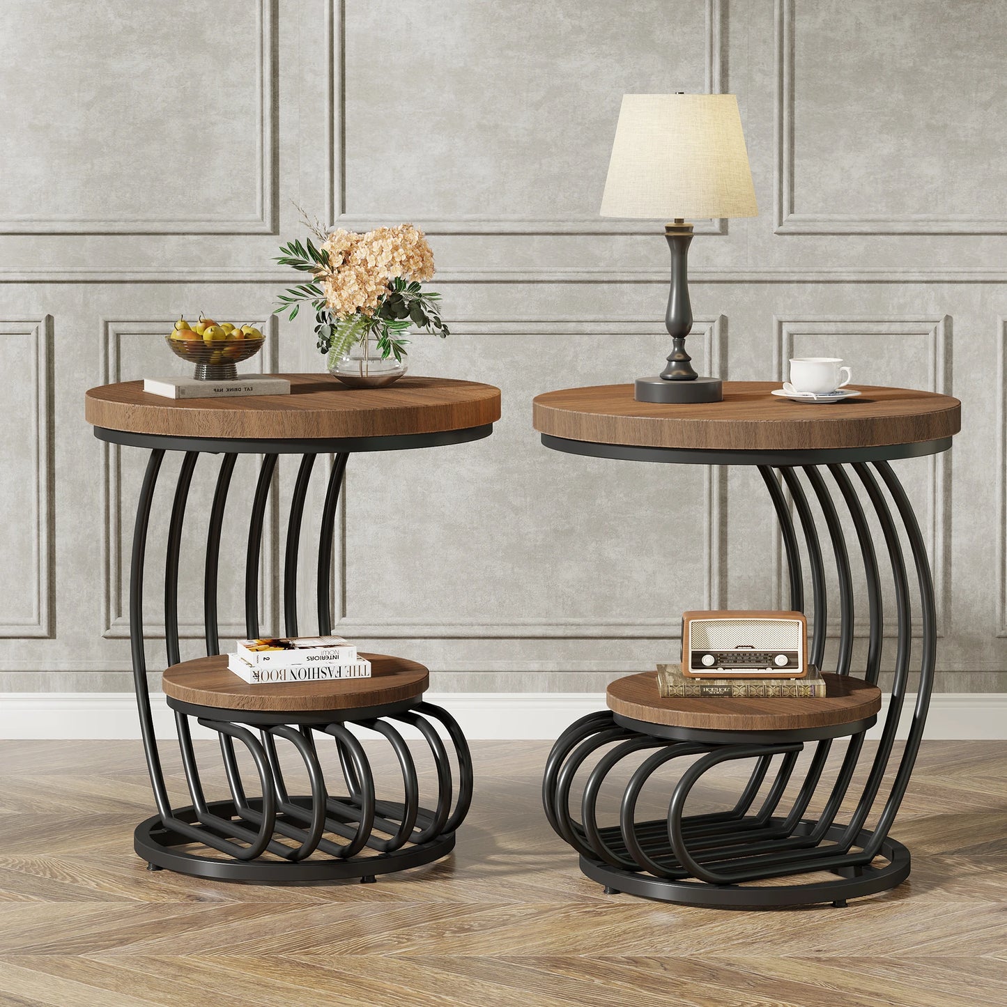 Gold Round End Table: 2 Tiers Faux Marble Side Table with Storage Shelf, Modern White Gold Bedside Nightstand