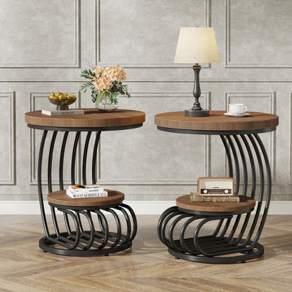 Gold Round End Table: 2 Tiers Faux Marble Side Table with Storage Shelf, Modern White Gold Bedside Nightstand