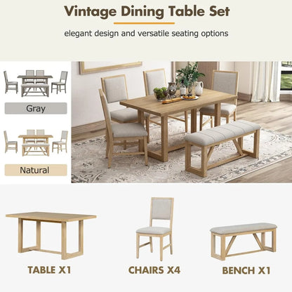 6-Piece Retro Dining Set for 6 Dining Table Set with 4 Upholstered Chairs & 1 Bench Rectangular Table Set with Designed Trestle