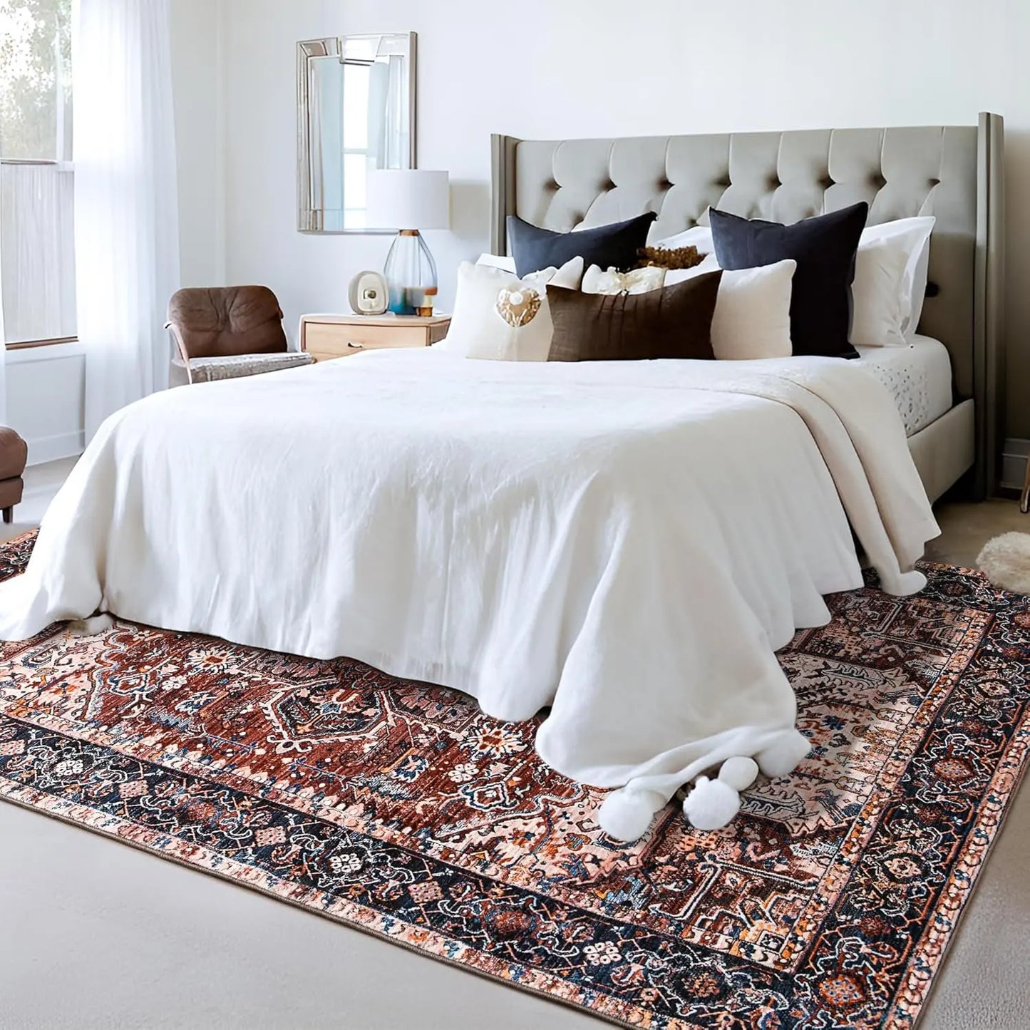 Faux Cashmere Vintage Printed Rug Area Rugs, Low Pile Rugs for Living Room Bedroom