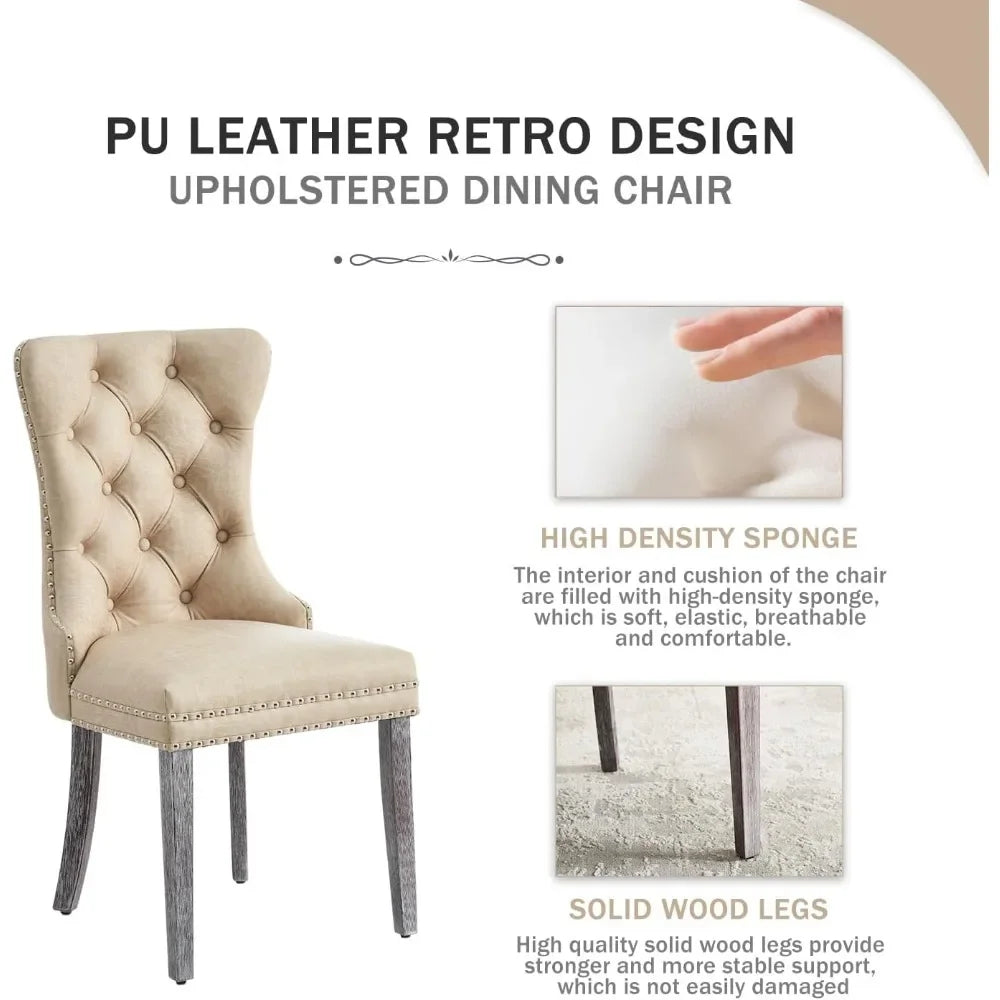 Leather Dining Chairs Set of 6, Upholstered Dining Room Chair with Nail head Trim and Solid Wood Legs, Luxury Wingback