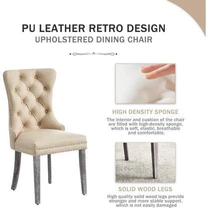 Leather Dining Chairs Set of 6, Upholstered Dining Room Chair with Nail head Trim and Solid Wood Legs, Luxury Wingback