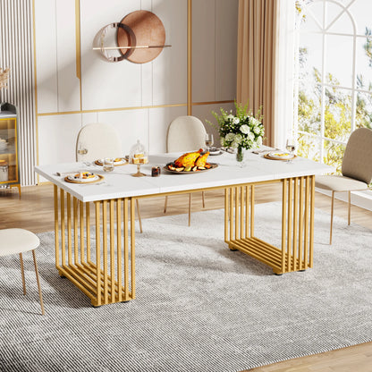 63-Inch Rectangular Dining Table for 4 to 6, Modern Kitchen Table with Faux Marble Table Top