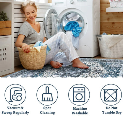 Washable Area Rugs 8x10 Living Room Rug Vintage Medallion  Soft Floor Cover Low Pile Non-Slip