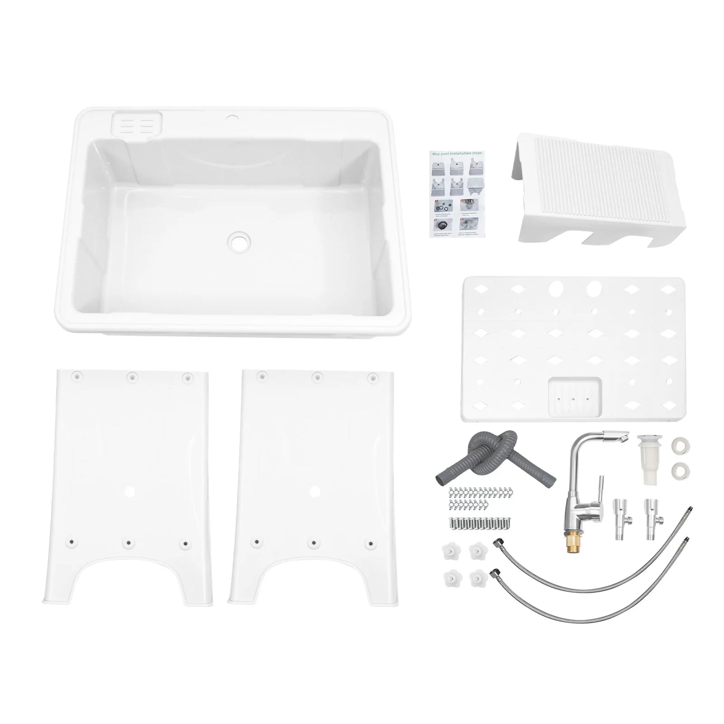 Freestanding Plastic Laundry Sink with Washboard Indoor Outdoor Utility Sink with Cold and Hot Water Faucet Hoses and Drain Kit