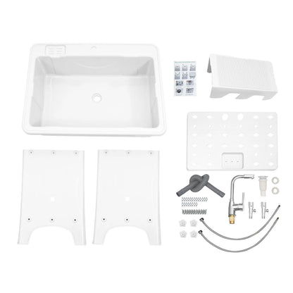 Freestanding Plastic Laundry Sink with Washboard Indoor Outdoor Utility Sink with Cold and Hot Water Faucet Hoses and Drain Kit