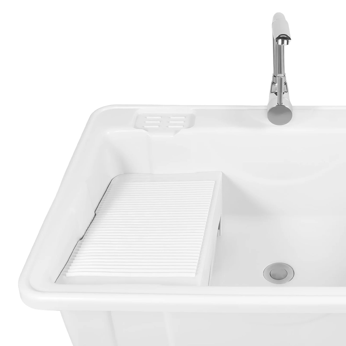 Freestanding Plastic Laundry Sink with Washboard Indoor Outdoor Utility Sink with Cold and Hot Water Faucet Hoses and Drain Kit