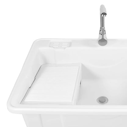 Freestanding Plastic Laundry Sink with Washboard Indoor Outdoor Utility Sink with Cold and Hot Water Faucet Hoses and Drain Kit
