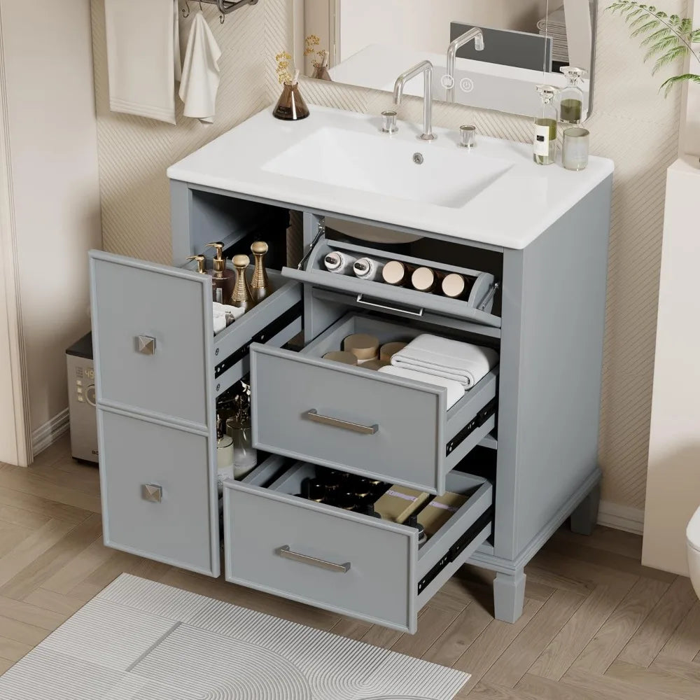 30 inch Bathroom Vanity with Sink, Freestanding Bathroom Vanity Cabinet with Double-Layer Pull Out Drawer