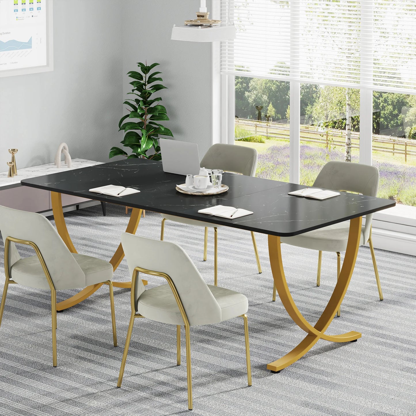 63" Modern Dining Table Kitchen Table with Faux Marble Top