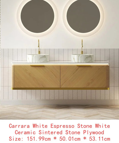 60" Bathroom Vanity with Sinks, Floating Plywood Storage Cabinet, 2 Drawers with Sensor Light, 2 Ceramic Vessel Basins