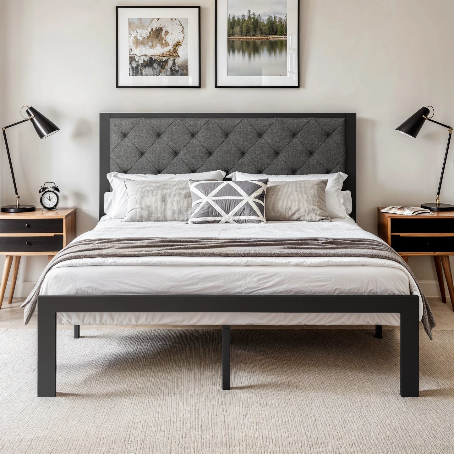 Metal Bed Frame with Upholstered Finely Stitched Headboard, Linen Fabric, Sturdy Foundation, No Box Spring Needed