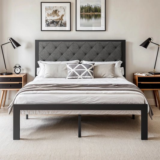 Metal Bed Frame with Upholstered Finely Stitched Headboard, Linen Fabric, Sturdy Foundation, No Box Spring Needed