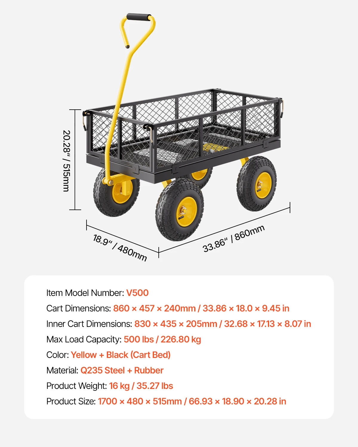 Steel Garden Cart  on Wheels Metal Yard Wagon Cart W/ All Terrain Tires Mesh Removable Sides and Rotating Handle