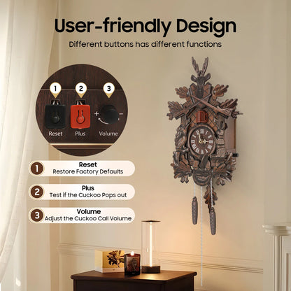Wooden Cuckoo Clock with Pendulum Bird Automatic Chiming for Living Room Kitchen Office Wall Silent Quartz Movement