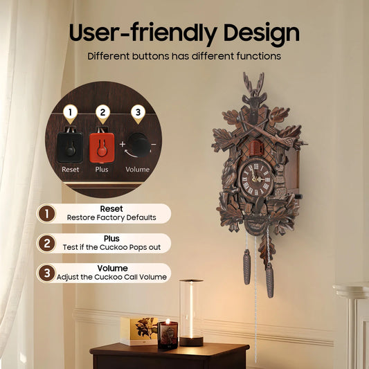 Wooden Cuckoo Clock with Pendulum Bird Automatic Chiming for Living Room Kitchen Office Wall Silent Quartz Movement