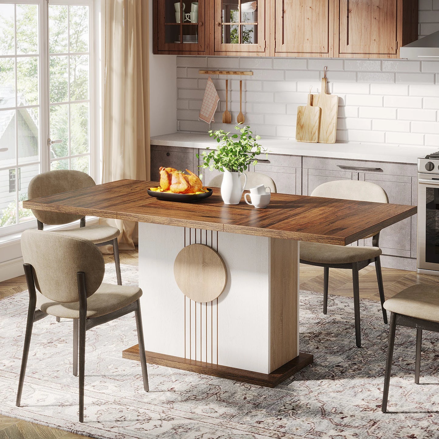 55" Rectangular Dining Table for 4 to 6 People, Farmhouse Wood Dinner Table for Kitchen, Dining Room & Living Room