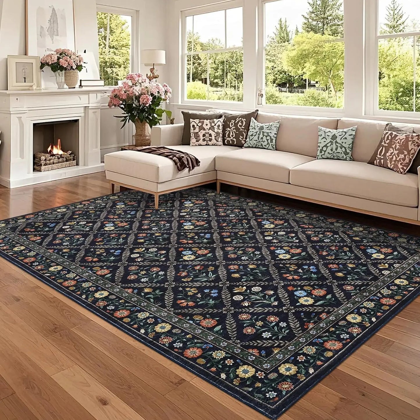 Vintage Washable Area Rugs for Living Room Soft Low-Pile Non-Slip Carpet  for Bedroom Dining Room Home Office