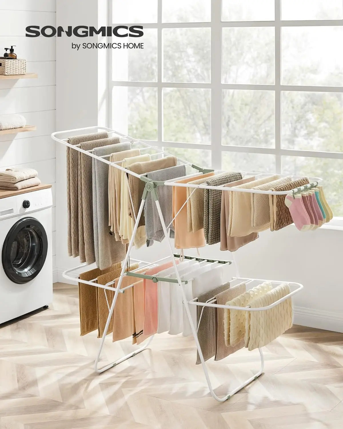 Clothes Drying Rack Foldable 2-Level Laundry Drying Rack Free-Standing Large Drying Rack with Height-Adjustable Wings