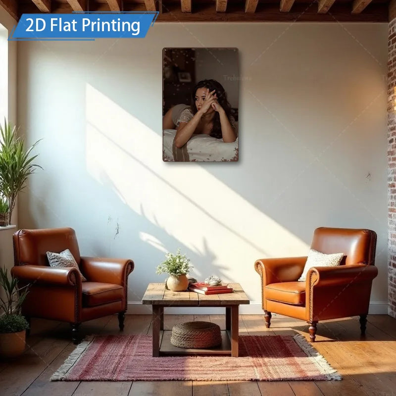 1pc Metal Sign, 4x16inch Rustic Style Woman in Bed 2D Flat Printing Wall Art for Living Room Decor